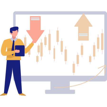 Homem apontando para o gráfico de velas na tela  Ilustração