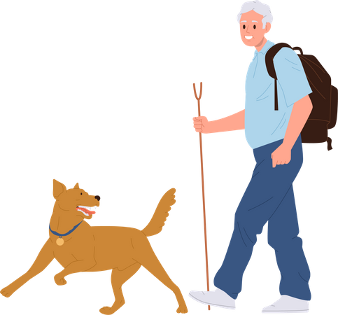 Feliz velho mochileiro passeando com cachorro desfrutando de atividades de caminhada ao ar livre  Ilustração