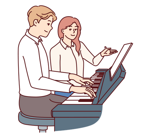 Homem aprende a tocar piano com professora que dá aulas particulares e  Ilustração