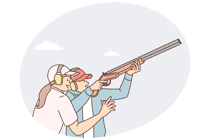 Homem aprende a segurar rifle e disparar címbalos com armas de fogo sob supervisão de treinadora  Ilustração