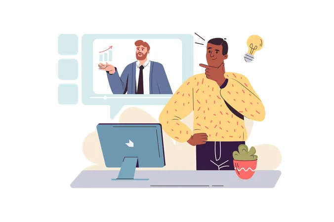 Homem aprende todas as complexidades dos negócios em um webinar  Ilustração