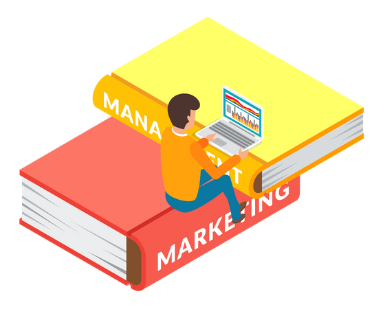 Homem aprendendo habilidades de marketing no curso on-line  Ilustração