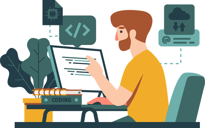 Homem aprendendo linguagem de programação  일러스트레이션