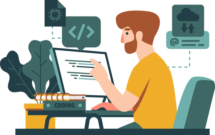 Homem aprendendo linguagem de programação  일러스트레이션