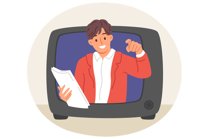 Locutor de programa de TV olha para fora da TV retrô recomendando comprar o produto anunciado  Ilustração