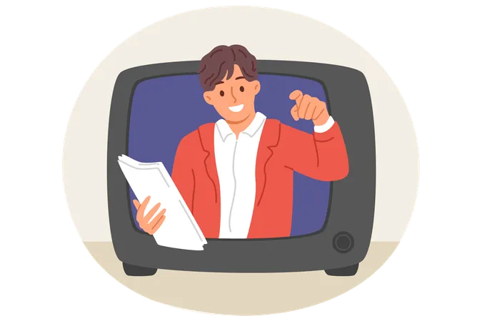 Locutor de programa de TV olha para fora da TV retrô recomendando comprar o produto anunciado  Ilustração