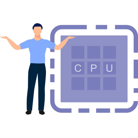 Homem apresentando chip processador CPU  Ilustração