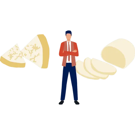 Homem apresentando comida italiana queijo  Ilustração