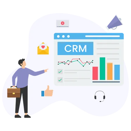 Homem apresentando gráfico de CRM  Ilustração