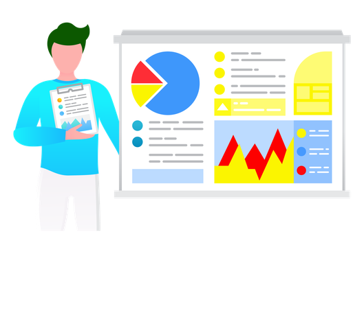 Homem apresentando diagrama de análise de negócios  Ilustração