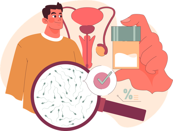 Homem apresentando espermatozoides saudáveis e resultado de teste.  Ilustração