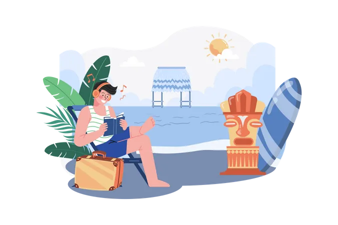 Homem aproveitando as férias de verão na praia  Ilustração