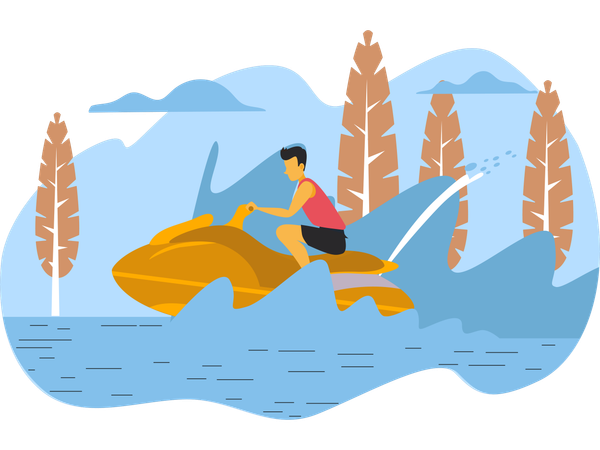 Homem aproveitando o jet ski na praia  Ilustração