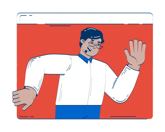 Homem árabe casual de negócios sorridente acenando na janela da web  Ilustração