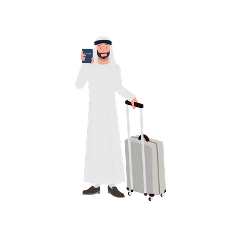 Homem árabe com bagagem no aeroporto mostrando seu passaporte  Ilustração