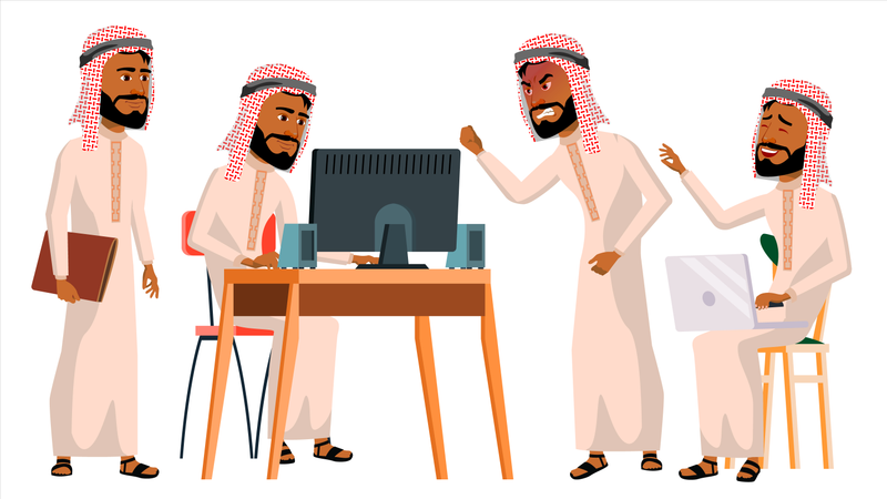 Trabalhador de escritório árabe trabalhando na mesa no escritório  Ilustração