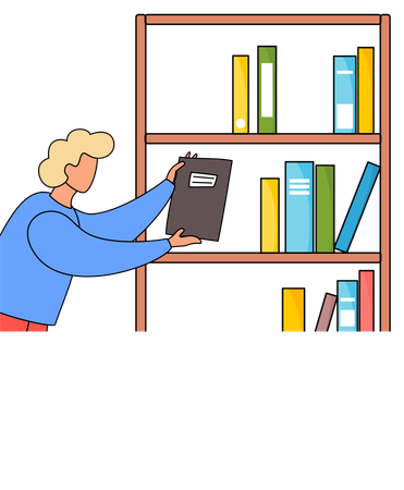 Homem arrumando livro na estante  Ilustração