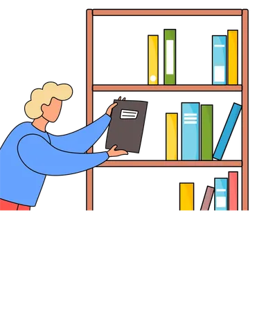 Homem arrumando livro na estante  Ilustração