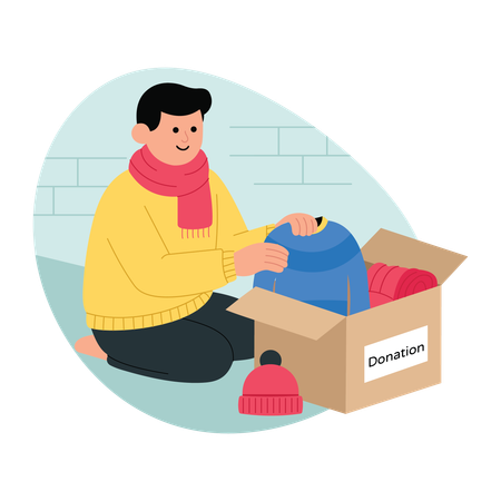 Homem organizando roupas na caixa de doações  Ilustração