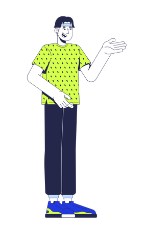 Homem asiático casual gesticulando com camiseta estampada enquanto fala  Ilustração