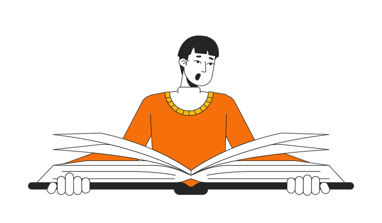 Homem asiático chocado lendo um livro grande  Ilustração