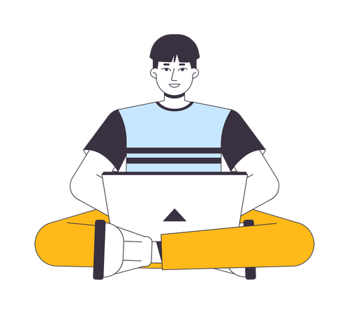 Homem asiático com notebook  Ilustração
