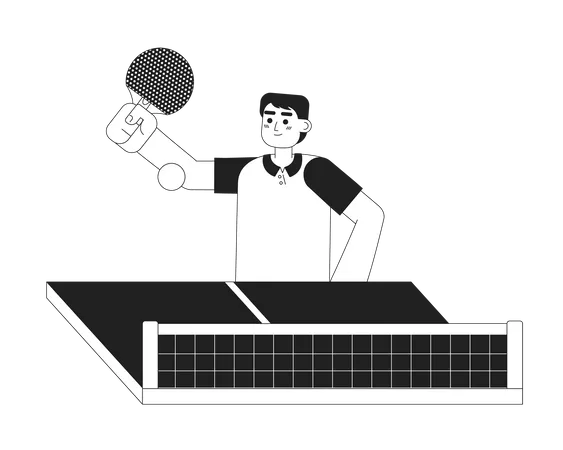 Homem asiático com remo jogando partida de pingue-pongue  Ilustração