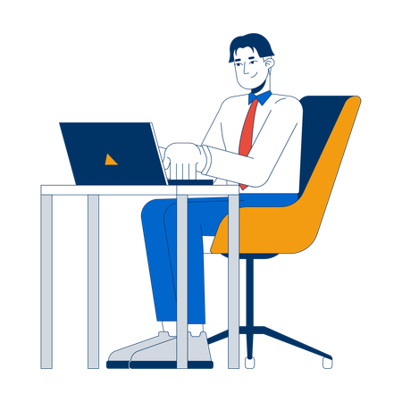 Homem asiático trabalhando em laptop  Ilustração