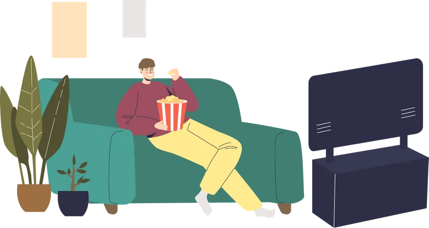 Homem Assistindo Filme De Comedia Em Casa Sentado No Sofa Com Pipoca Na Sala E Rindo Conceito De Entretenimento Domestico E Relaxamento Ilustracao Em Vetor Plana Dos Desenhos Animados Ilustração