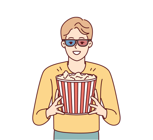 Homem assistindo filme em 3D com pipoca  Ilustração