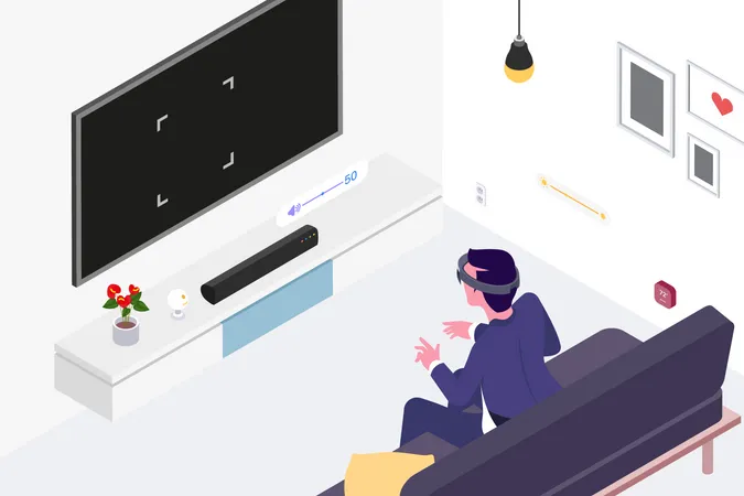 Homem assistindo smart tv através de óculos vr sentado no sofá  Ilustração