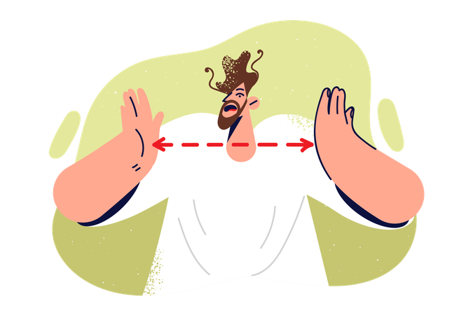 Homem assustado levanta as mãos mostrando o tamanho dos problemas que causam estresse e frustração  Ilustração