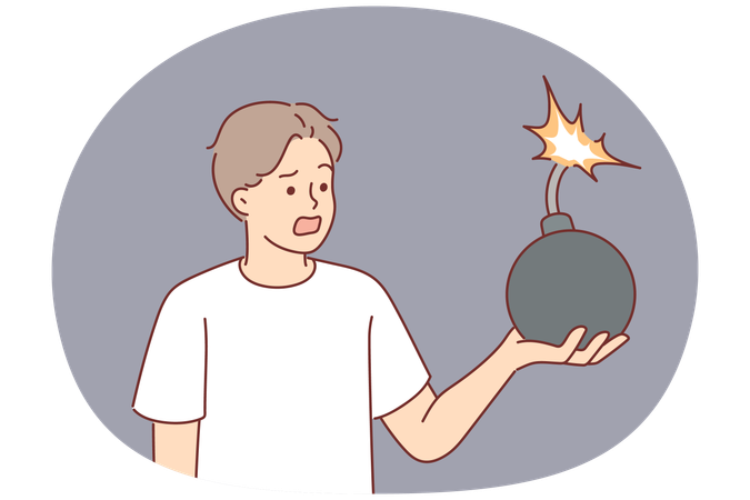Homem assustado segura bomba com fusível queimado  Ilustração