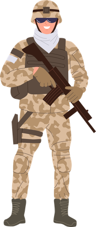 Homem atirador vestindo camuflagem militar e colete à prova de balas segurando rifle  Ilustração
