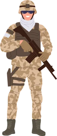 Homem atirador vestindo camuflagem militar e colete à prova de balas segurando rifle  Ilustração