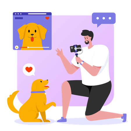 Homem gravando vlog com cachorro de estimação  Ilustração