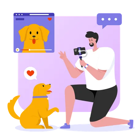 Homem gravando vlog com cachorro de estimação  Ilustração