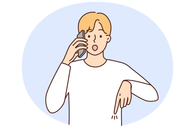 Homem atordoado em ligação telefônica aponta para acordo  Ilustração