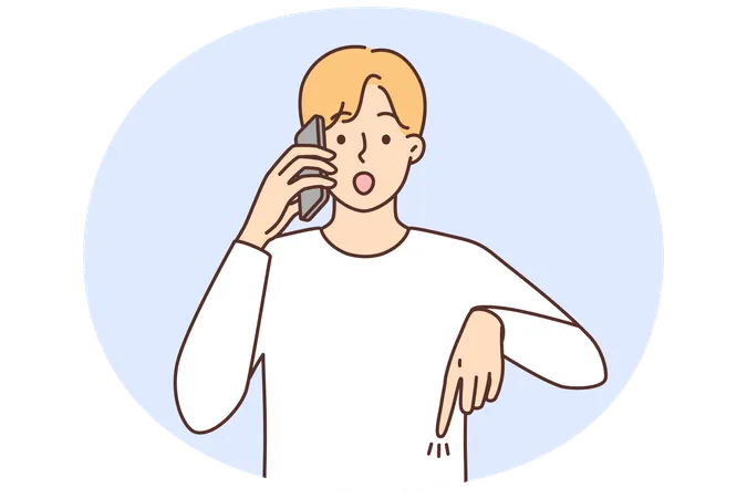 Homem atordoado em ligação telefônica aponta para acordo  Ilustração