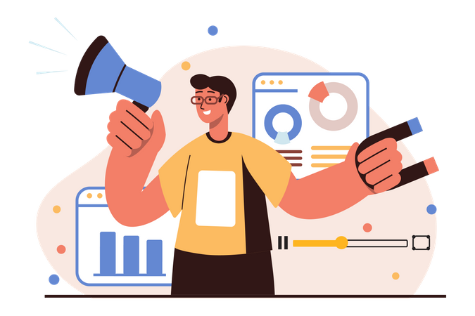 Homem atraindo clientes usando marketing de vídeo  Illustration