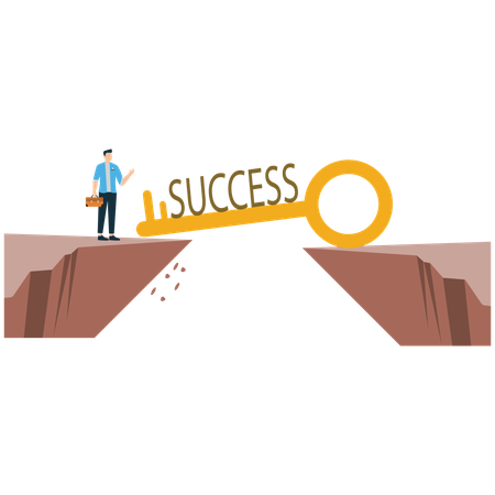 Homem atravessando uma lacuna com uma chave para o sucesso  Ilustração
