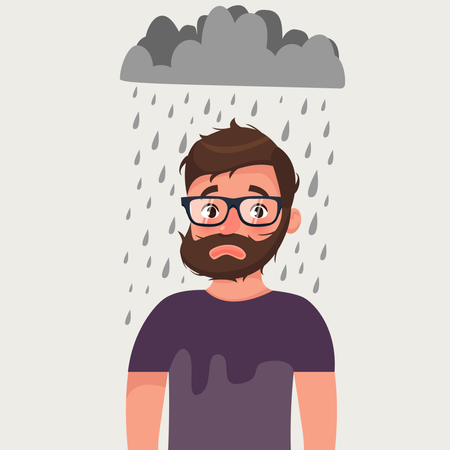 Homem azarado com mau humor sob chuva  Ilustração