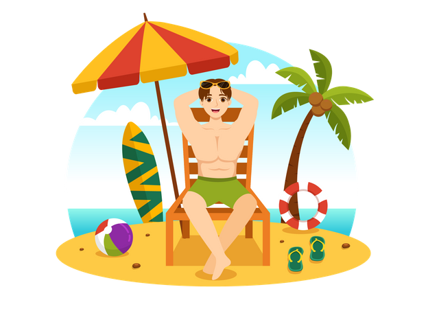 Homem tomando sol na praia  Ilustração