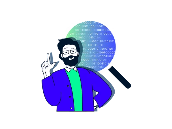 Homem barbudo encontrando código binário  Ilustração