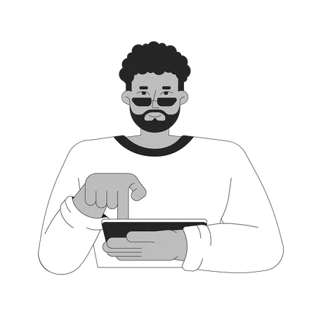 Homem barbudo afro-americano digitando tablet com tela sensível ao toque  Ilustração