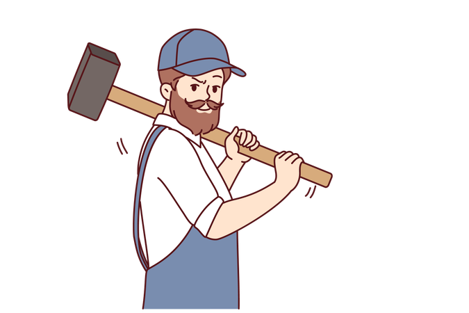 Homem barbudo com martelo trabalha no canteiro de obras  Illustration