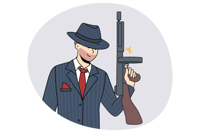 Homem barbudo criminoso de terno e chapéu segurando arma de fogo  Ilustração