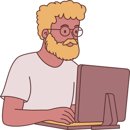 Personagem de funcionário autônomo barbudo usando óculos trabalhando com computador  Ilustração