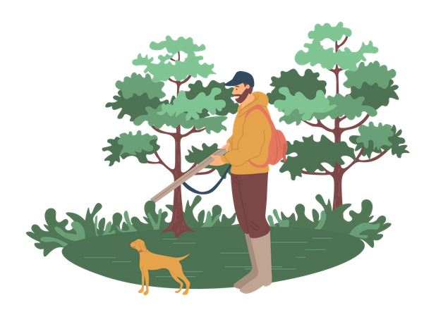 Homem de barba indo caçar na floresta  Ilustração
