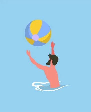 Homem de barba jogando bola de praia no oceano  Ilustração